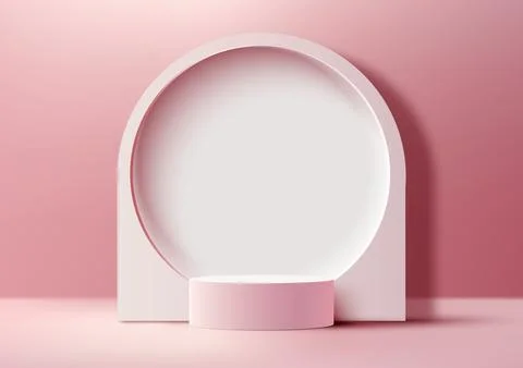 3D realistic modern style empty pink podium stand with pink circle backdrop.. Stock Illustration