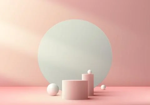 3D realistic modern style empty pink podium stand with gray circle backdrop.. Illustrazione stock