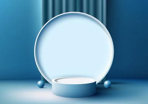 3D realistic modern style empty white podium stand with blue curtain and ci.. Stock Illustration