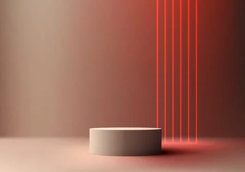 3D realistic modern style empty beige color podium stand with red neon lase.. Stock Illustration