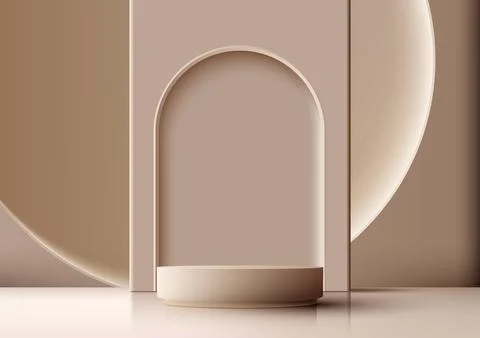 3D realistic modern style empty beige podium with door rounded and circle b.. Stock Illustration