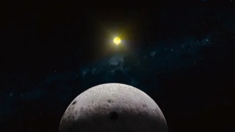 3d realistic Moon planet with glowing sun Stock Footage 221906449