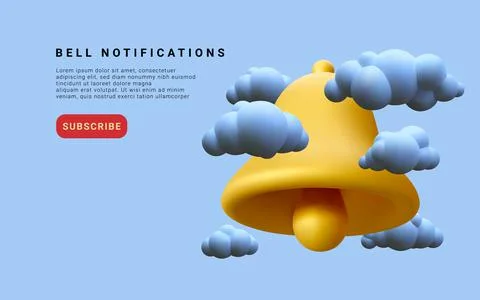 3d realistic notification bell whith clouds. Vector illustration. Illustrazione stock