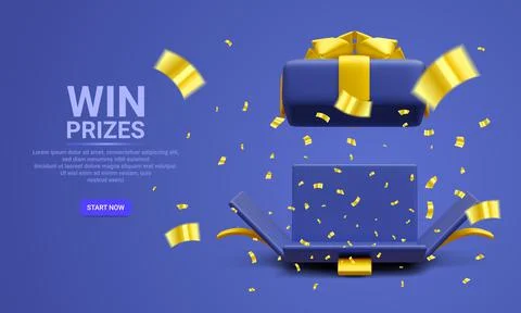 3d realistic open gift box and flying gold confetti on blue background. Win P Illustrazione stock