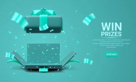 3d realistic open gift box and flying confetti on background. Win Prizes conc Stock-Illustration