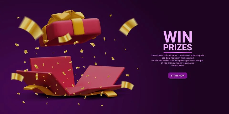 3d realistic open gift box and flying gold confetti on dark background. Win P Illustrazione stock