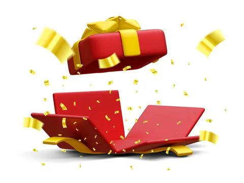 3d realistic open gift box and flying gold confetti on white background. Win 스톡 일러스트
