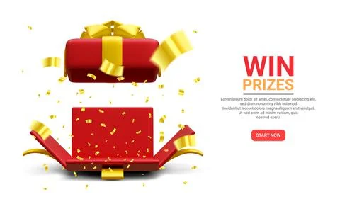 3d realistic open gift box and flying gold confetti on white background. Win Stock-Illustration