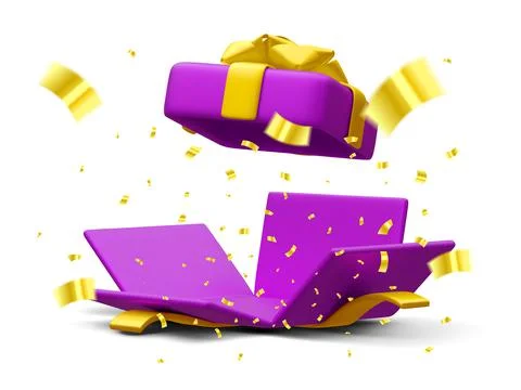 3d realistic open gift box and flying gold confetti on white background. Win Stock-Illustration