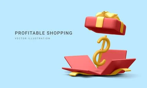 3d realistic open gift box with dollar sign in cartoon style on blue backgrou Illustrazione stock