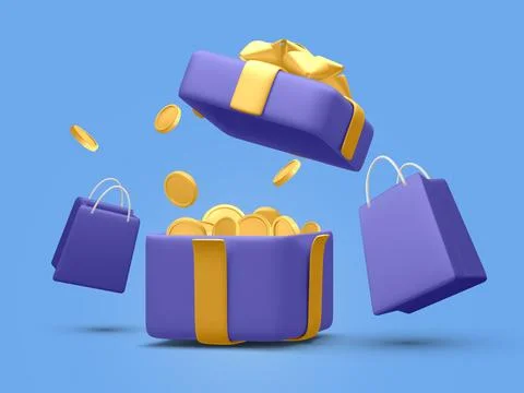 3d realistic open gift box surprise with gold flying coins and shopping bag. Stockillustratie
