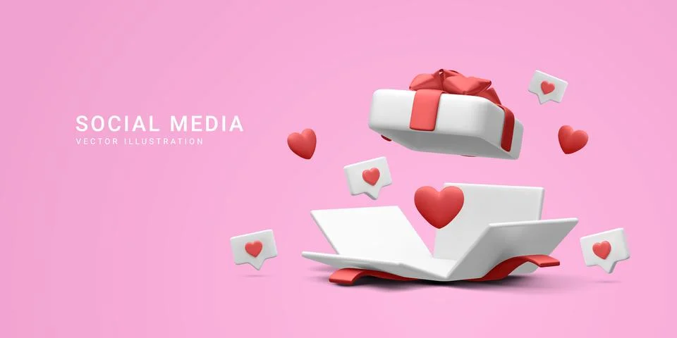 3d realistic open gift box with hearts and likes. Vector illustration. Stock-Illustration