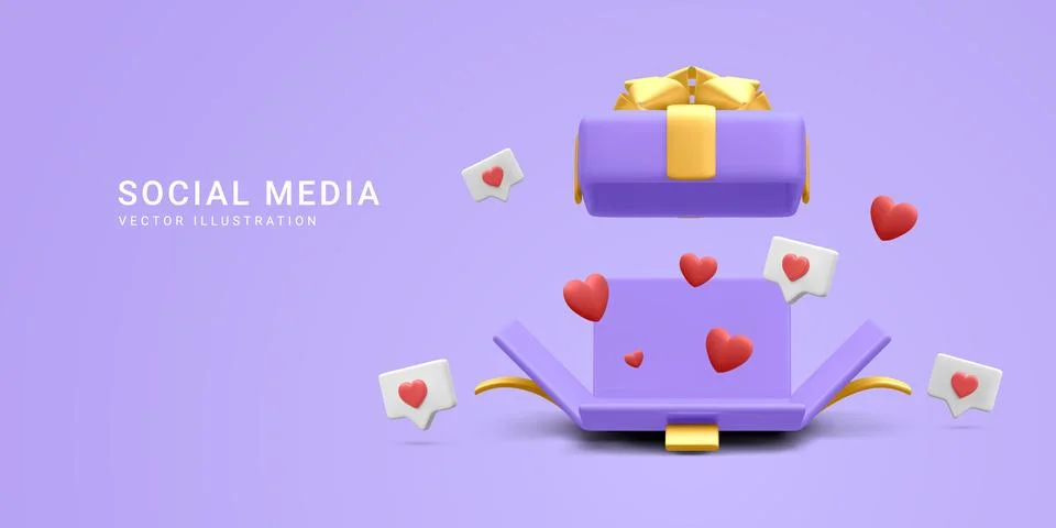 3d realistic open gift box with hearts and likes. Vector illustration. Illustrazione stock
