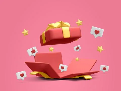3d realistic open gift box with thumbs up, hearts and stars. Vector illustrat Stock-Illustration