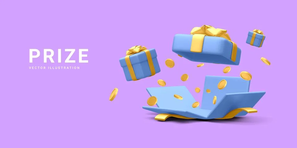 3d realistic open gift box and falling gold coins.  Concept for cryptocurrenc Stock Illustration
