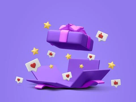 3d realistic open gift box with thumbs up, hearts and stars. Vector illustrat Stock-Illustration