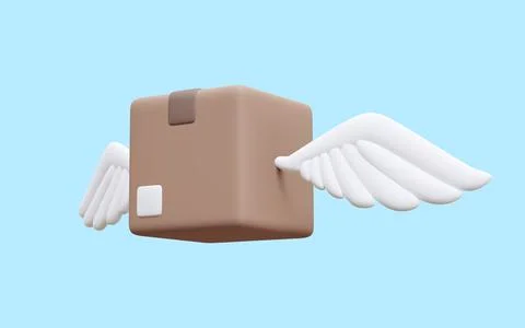 3d realistic parcel with wings isolated on blue background. Cardboard boxes f Stock-Illustration