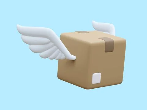 3d realistic parcel with wings isolated on blue background. Cardboard boxes f Stock Illustration