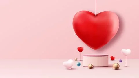 3D realistic pink podium platform pedestal stand decoration with red, pink .. Stock Illustration