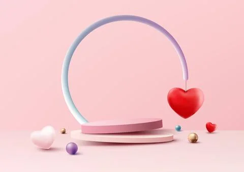 3D realistic pink podium platform pedestal stand decoration with red, pink .. Stock Illustration