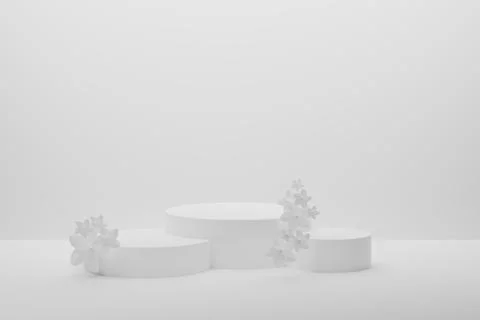 3D realistic podium background - set of three white cylindrical podiums on wh Stock Photos
