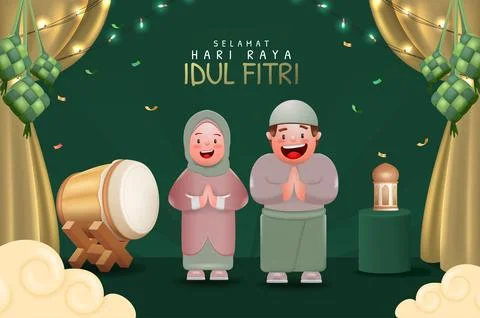 3D Realistic Poster Design with Moslem Girl and Boy Stock Illustration