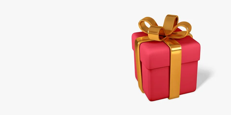3D realistic red gift box with golden bow and ribbon. Paper box isolated on l Stock Illustration