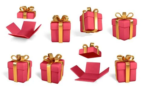 3D realistic red gift boxes with golden bow. Paper boxes with ribbon and shad Stock Illustration