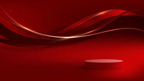 3D realistic red podium with red color wave lines with shiny golden curved li Stock Illustration