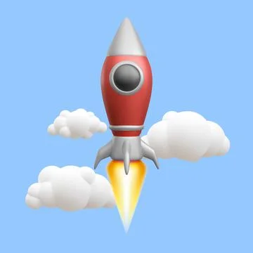 3d realistic red rocket flies through the clouds. Vector illustration. Stock Illustration