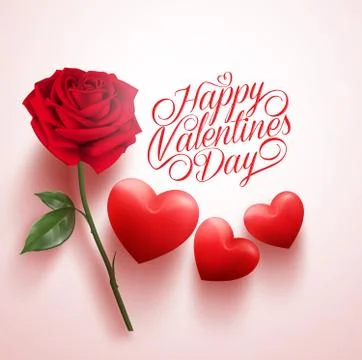 3D Realistic Red Rose and Hearts with Happy Valentines Day Message Stock Illustration