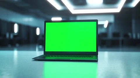 3d realistic render of laptop model with green screen in modern cool office Stock Footage 312321168