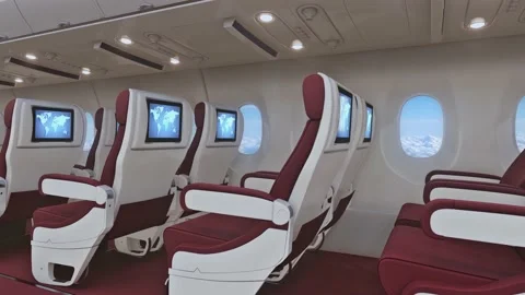 3D realistic rendering of empty seats in an airplane with red seats and whit Stock Footage 141649341