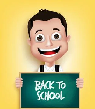 3D Realistic School Boy Student Happy Smiling Holding a Blackboard Stock Illustration