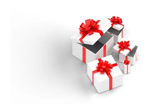 3d realistic set of colorful gift boxes with bows and ribbons. Stock Illustration