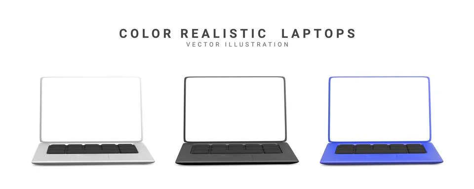 3d realistic set laptops in blue, silver, black colours with shadow. Vector i Illustrazione stock