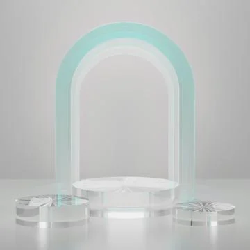 3D realistic set of three cylindrical podium background of transparent glass, Stock Illustration