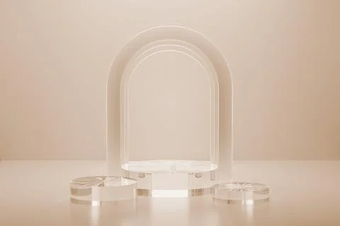 3D realistic set of three cylindrical podium background of beige pastel color Stock Illustration