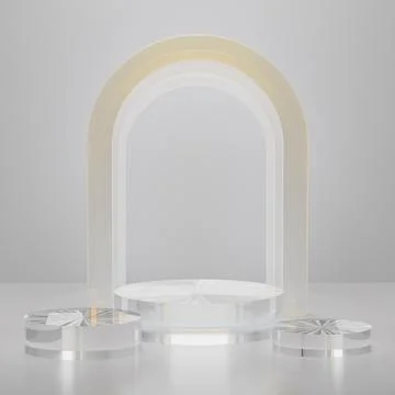3D realistic set of three cylindrical podiums background of transparent glass Stock Photos