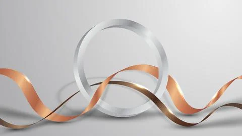 3D realistic silver ring with golden ribbon elements on white background luxu Stock Illustration