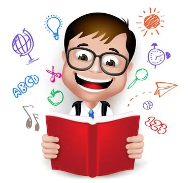 3D Realistic Smart Kid School Boy Wearing Uniform and Backpack Reading Book Stock Illustration