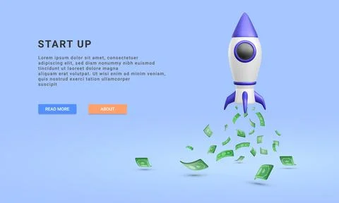 3d realistic start up banner with flying rocket and money.  Money investment Illustrazione stock