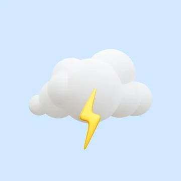 3d realistic storm cloud icon with lightning isolated on blue background. Vec Illustrazione stock