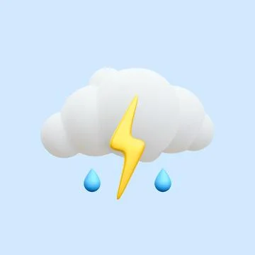 3d realistic storm cloud icon with lightning and raindrops isolated on blue b Illustrazione stock