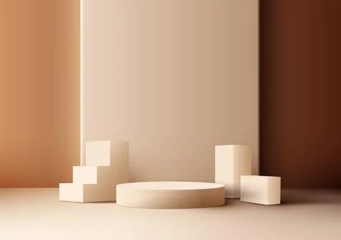 3D realistic studio room beige color podium stand with ladder steps success.. Illustrazione stock