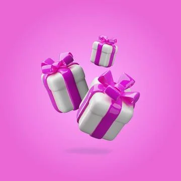 3D realistic three white gift boxes with pink ribbon bow floating in the air Stock Illustration