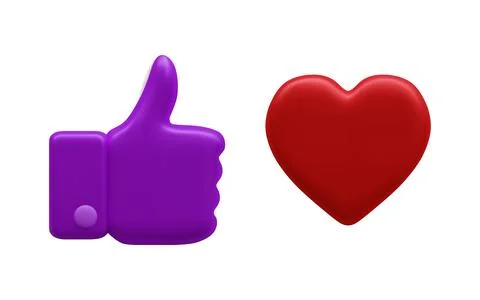 3d realistic thumbs and heart icons isolated on white background. Vector illu Stock Illustration