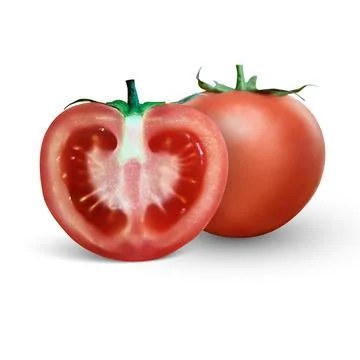 3d realistic Tomato and slice isolated on white background. Realistic fresh j Stock-Illustration
