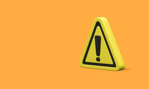 3d realistic triangle warning sign with exclamation mark isolated on orange b Illustrazione stock