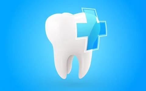 3d realistic vector healthy glowing tooth. Cross shield. Dental care, protection Stock Illustration